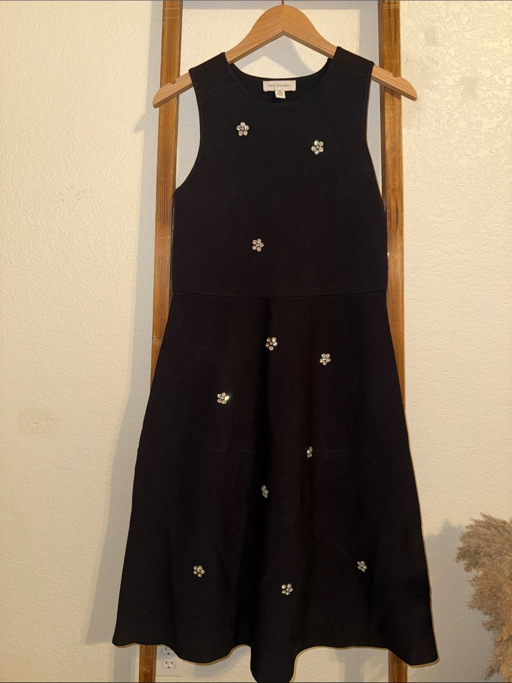 NWT Free Assembly Sleeveless Black Midi Dress with Floral Embellishments
